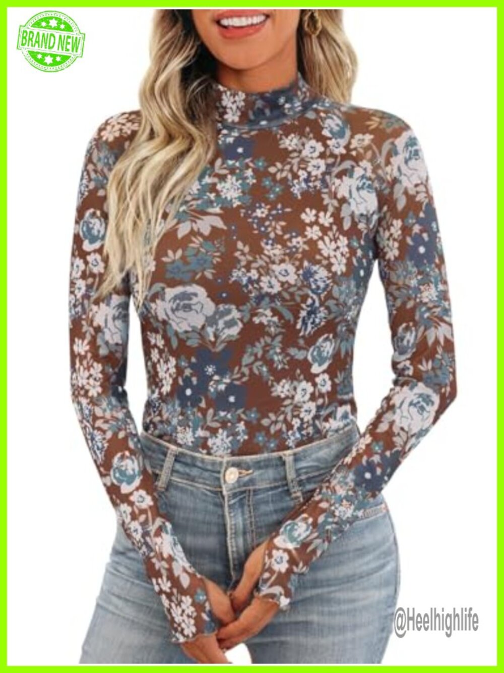 Long Sleeve Sheer Floral Mesh Mock Neck Top Polyester Spandex